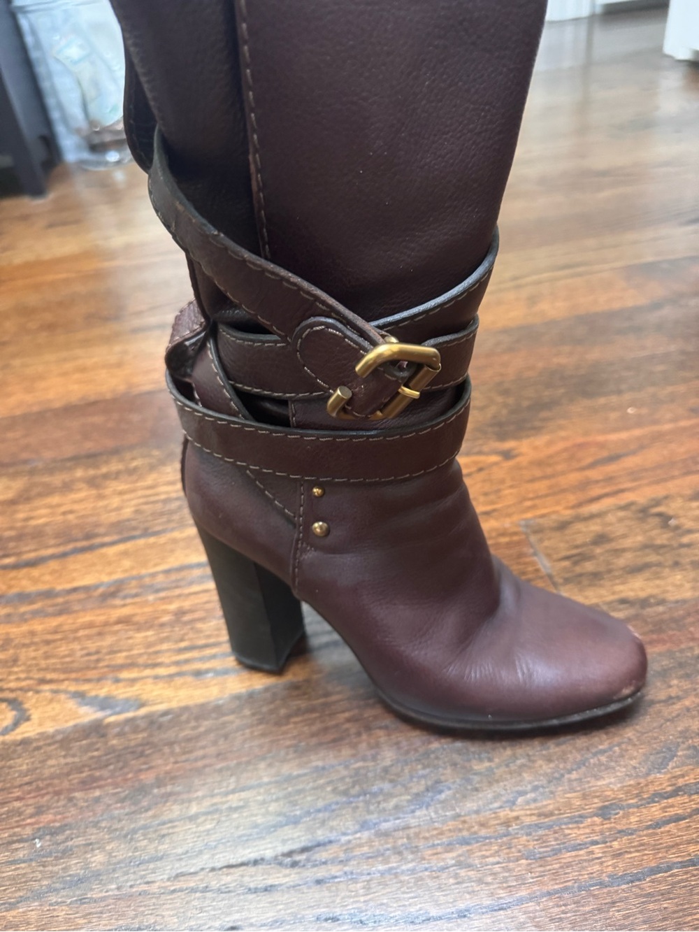 Chloe Dark Brown Leather High-Heel Wrap Strap Boots